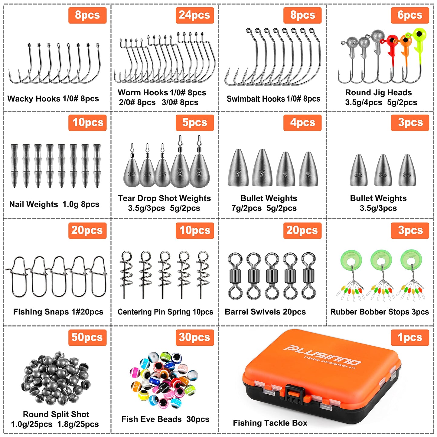 PLUSINNO 253/387pcs Fishing Gear Accessories Kit, Fishing Tackle Box with Tackle Included, Fishing Hooks, Fishing Weights Sinkers, Spinner Blade, Fishing Equipment for Bass Trout Bluegill Crappie