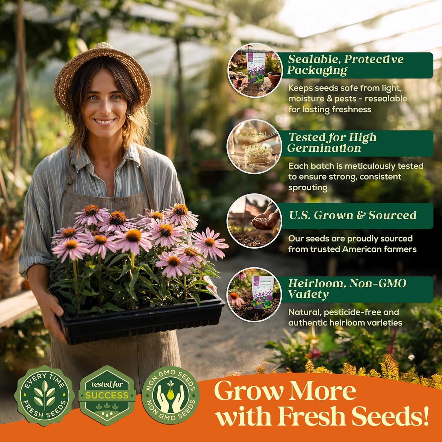 Echinacea Seed Pack 1 oz - 9,300 Non-GMO Heirloom Echinacea Seeds for Planting, Perennial Flowers in Waterproof Seed Packet, Coneflower Seeds for Planting Garden Indoor & Outdoor Gardening