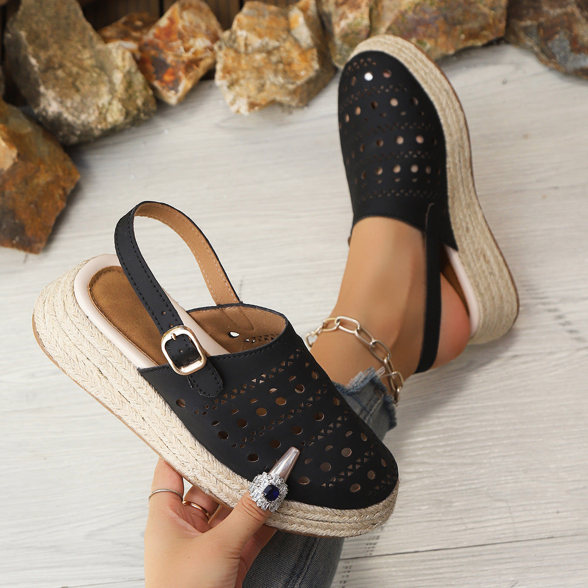 Baotou sandals women's thick soled sloping heel retro hemp rope hollowed out women's sandals