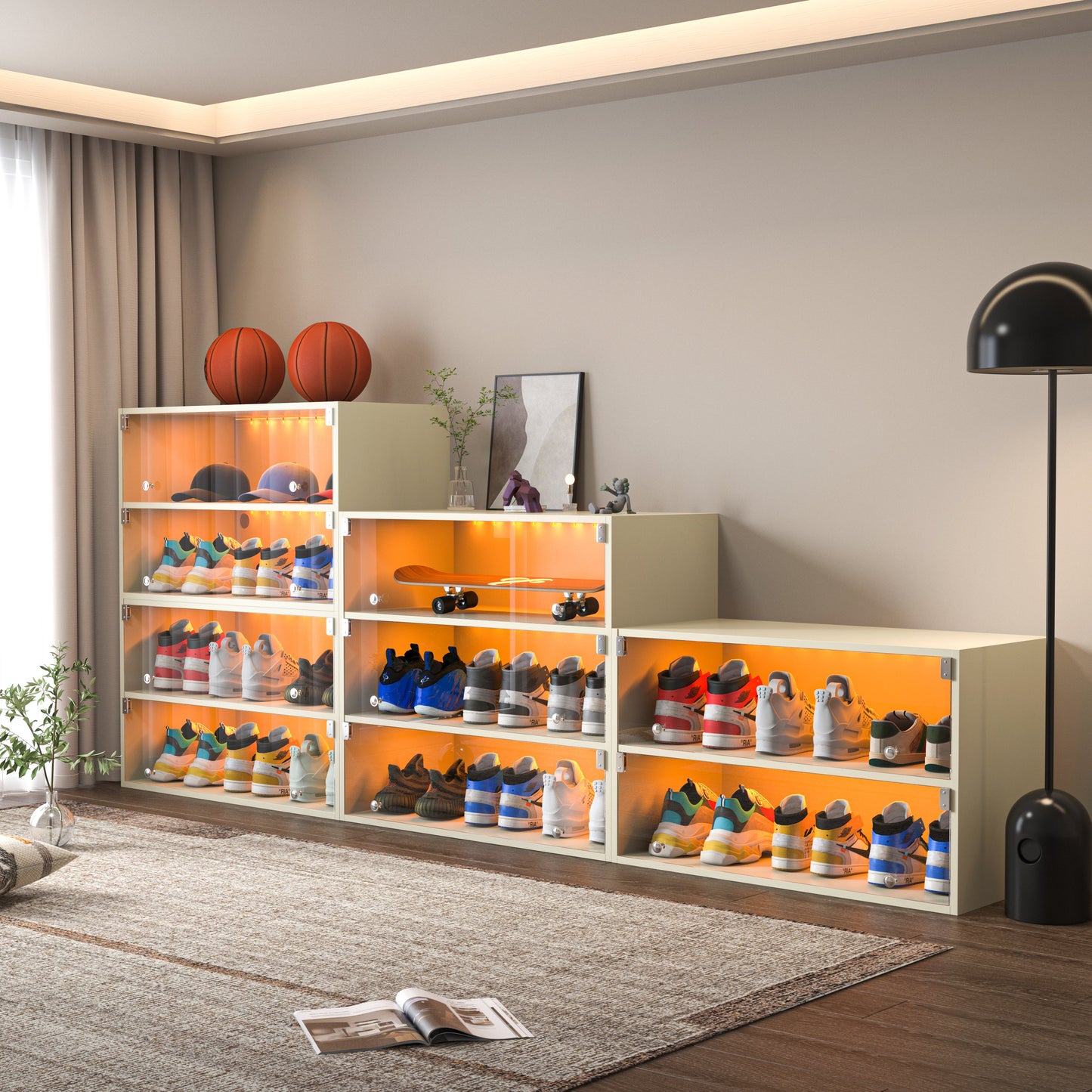 Off white LED light shoe box three layers with glass doors
