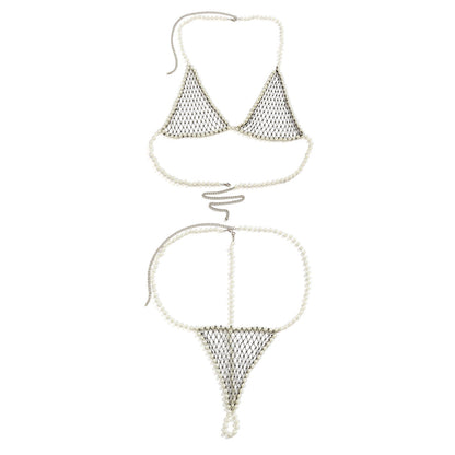Women's sexy and simple imitation pearl woven chest chain set, new creative fishing net waist chain