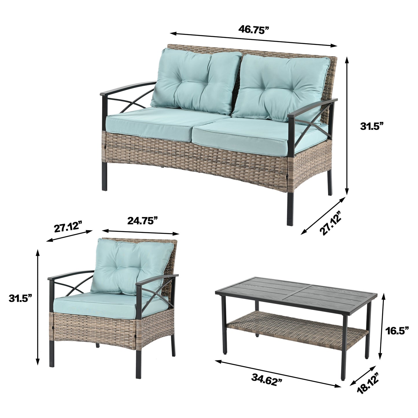 Patio Furniture, Outdoor Furniture, Seasonal PE Wicker Furniture, Four Set Wicker Furniture With Black Metal Table