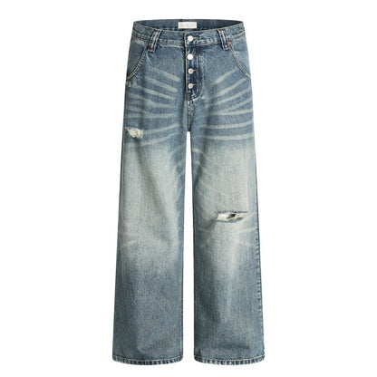 Hole-Washed Denim Long Pants Men's Loose Faded Whitewashed Wide-Leg Straight Trousers European and American Street Fashion Versatile Dad Pants