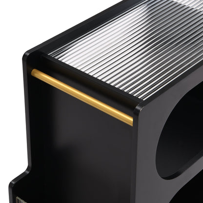 Stylish mobile desk with lockable wheels,bedside table with 5mm thick grooved tempered glass and gold round bars ，black