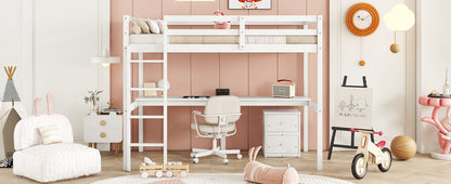 Twin Loft Wood Bed with Under-bed, Built-in Desk, a Storage Cabinet of 2 Drawers, Guardrails, Ladder,White
