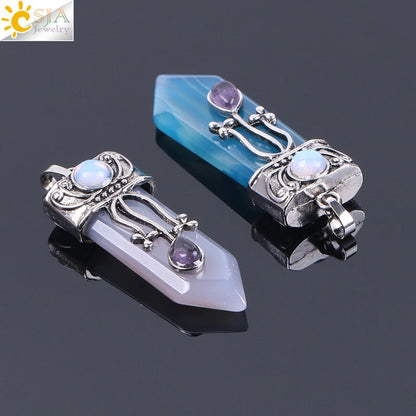 CSJA Vintage Large Natural Stone Sword-Shaped Pendant Jewelry Striped Crystal Agate Tiger Eye Jewelry Pendant Without Chain