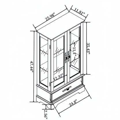 Light colored glass cabinet Curio display cabinet with adjustable glass frame, 2 doors and 1 drawer, including white light bulbs