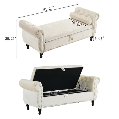 Velvet Multifunctional Storage Rectangular ottoman bench with 1 Pillow, Beige