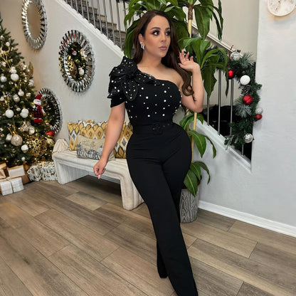 Sleeveless One-Piece Pants - European and American Style Off-the-Shoulder Short Sleeve Slim Fit