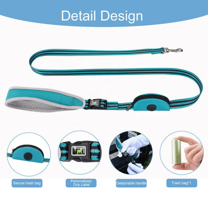 Nylon Combat Padded Leads Dog Leash with Double Padded Handles with Built in Poop Bag Holder Dispenser
