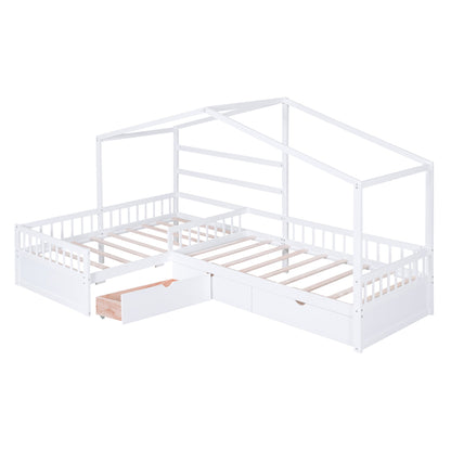 Twin Size House Platform Bed with Three Storage Drawers White