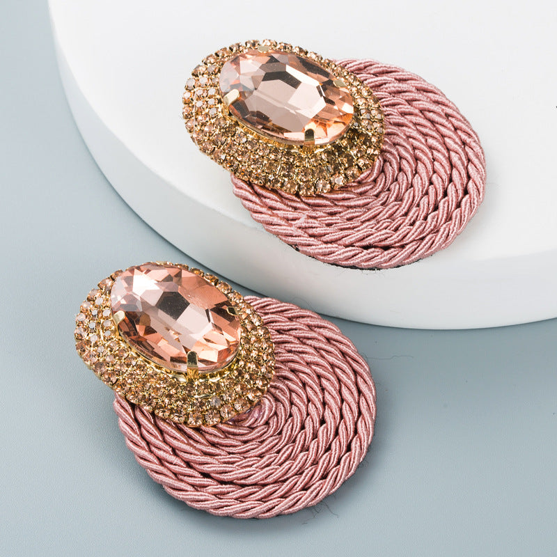 European And American Style Colored Diamond Series Personality Exaggerated Oval Glass Diamond Earrings Handmade Line Braided Earrings