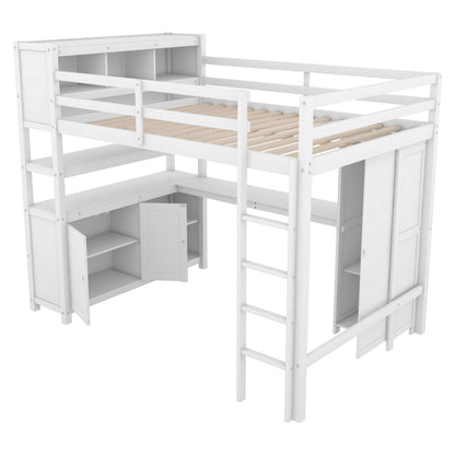 Wood Loft Bed with Cabinet and Bookshelf, Full Size Loft with Wardrobe and Desk for Kids,White
