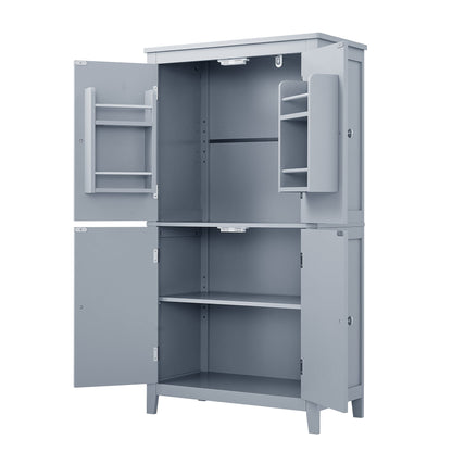 Bathroom floor storage cabinet, bathroom storage cabinet, 4-door independent cabinet, adjustable shelf, adaptive shelf, gray
