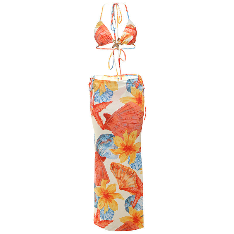 Three piece set of fashionable printed bikini with exposed navel tie