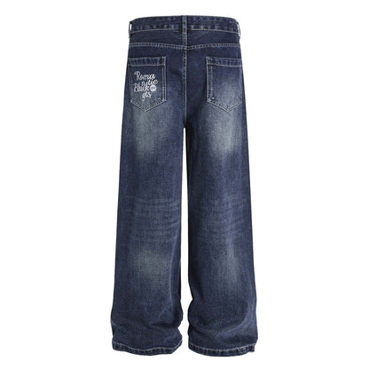 Street Design Floral Embroidered Denim Wide-Leg Long Pants Men's Vibe Trendy Washed Distressed Straight Leg Trousers