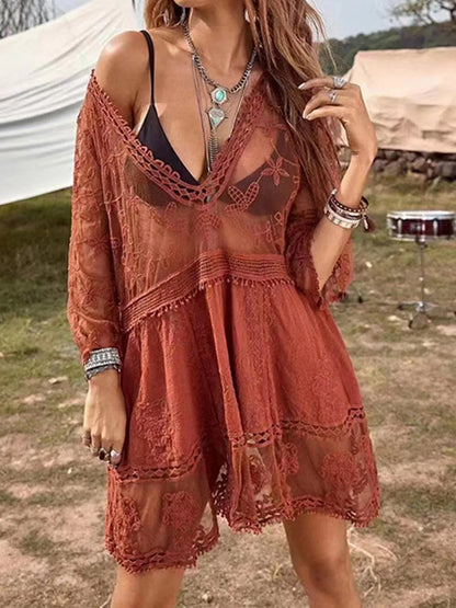 Sexy lace loose beach vacation hooded skirt bikini jacket swimsuit women
