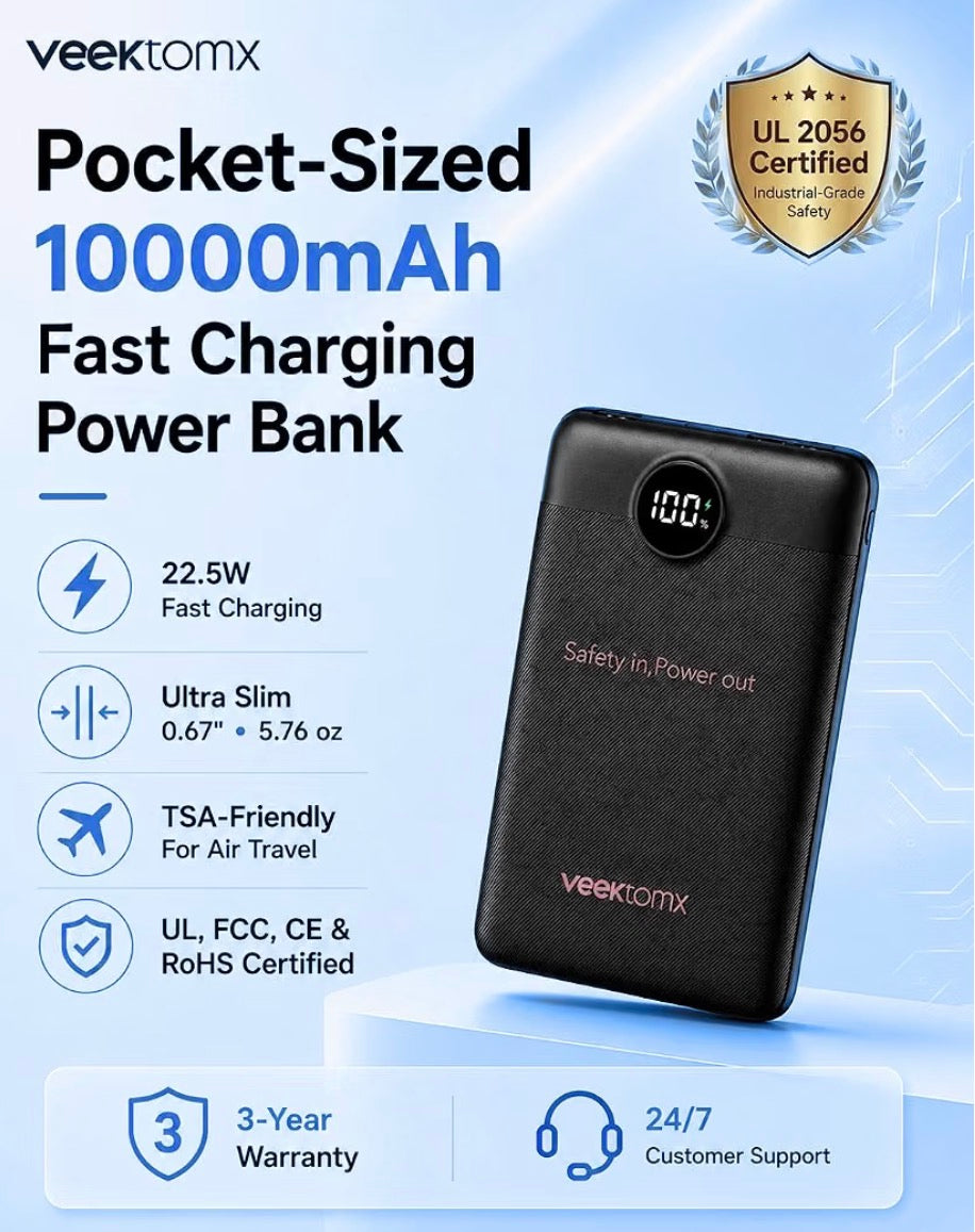 VEEKTOMX Mini Power Bank 10,000mAh | 22.5W Fast Charging Backup Power