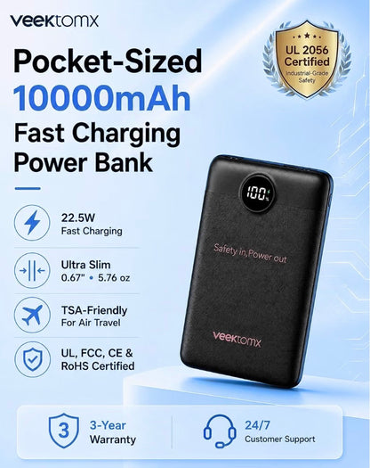 VEEKTOMX Mini Power Bank 10,000mAh | 22.5W Fast Charging Backup Power
