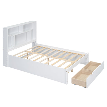 Full Size Platform Bed with Storage Headboard and 2 Drawers, White