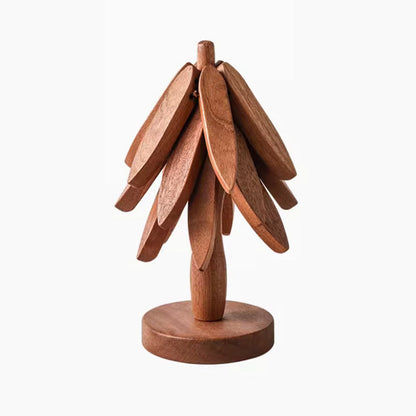 Wooden Christmas Tree Folding Coaster Black Walnut Thick Seat Adiabatic Pad For Kitchen Desktop Decoration Housewarming Gift