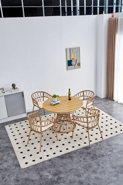 Outdoor dining set of 5 simple bamboo dinning table  PE ratten round table 110CM plastic wood top