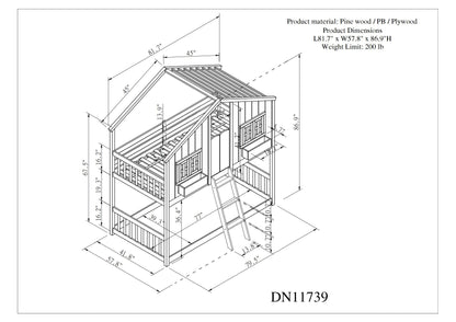 Twin over Twin House Bunk Bed with Roof , Window, Window Box, Door , with Safety Guardrails and Ladder,White