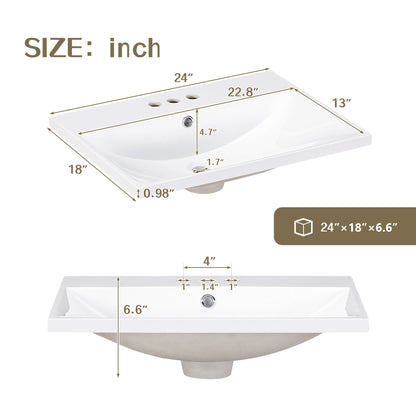 24" Bathroom Vanity Top Only White Basin 3-Faucet Holes  4" Faucet Available Ceramic