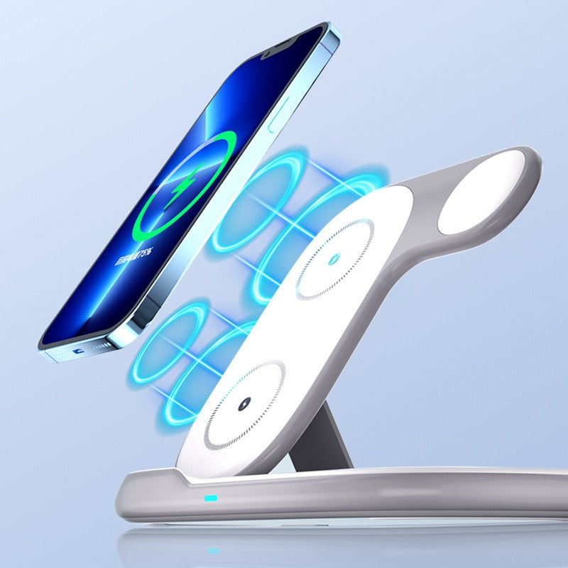 Folding 3-in-1 wireless charger suitable for iPhone earphones, watches, wireless fast charging phone holder