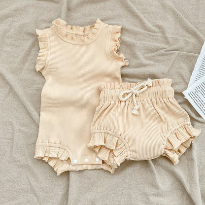 Baby Pit Thread Crawling Clothes Spring/Summer Wooden Ear Edge Girls' Harper+Drawstring Big PP Pants Set