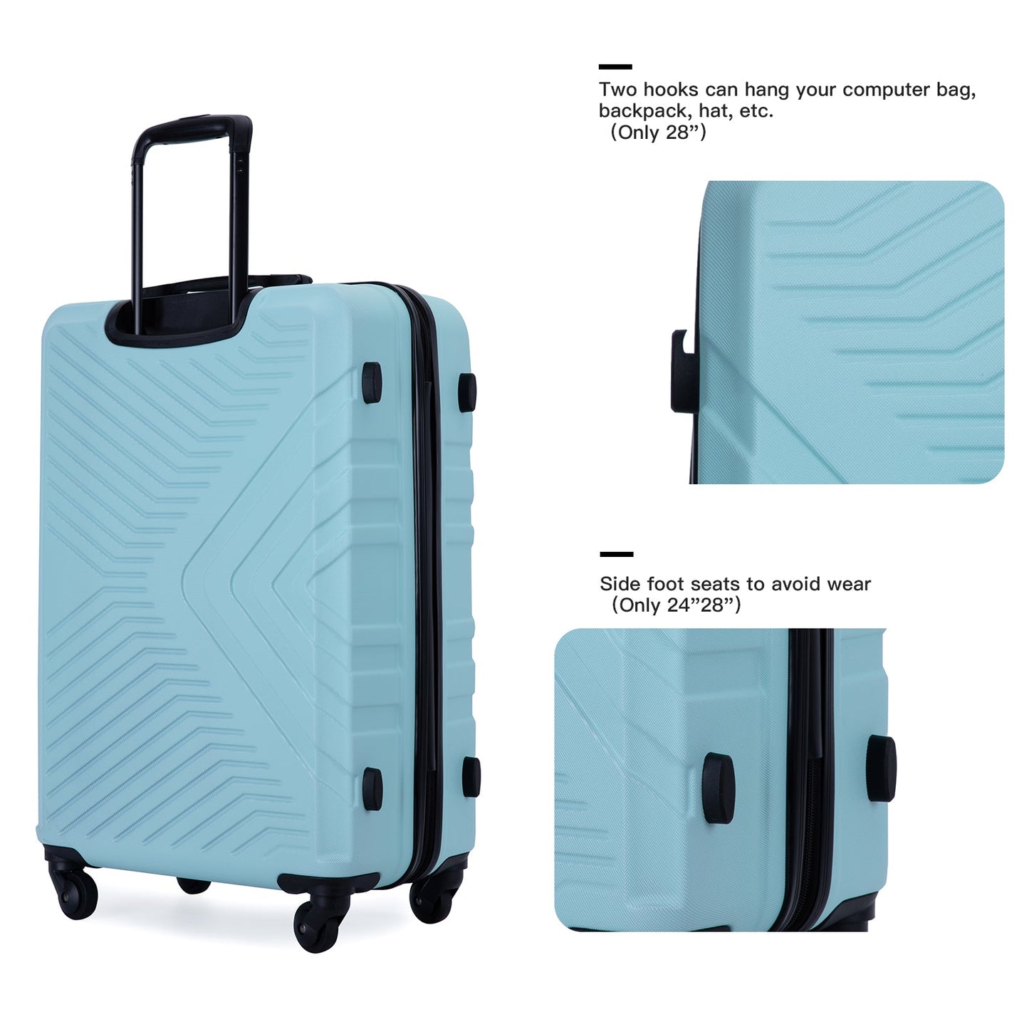 3 Piece Luggage Sets ABS Lightweight Suitcase with Two Hooks, Spinner Wheels, TSA Lock, (20/24/28)   Green