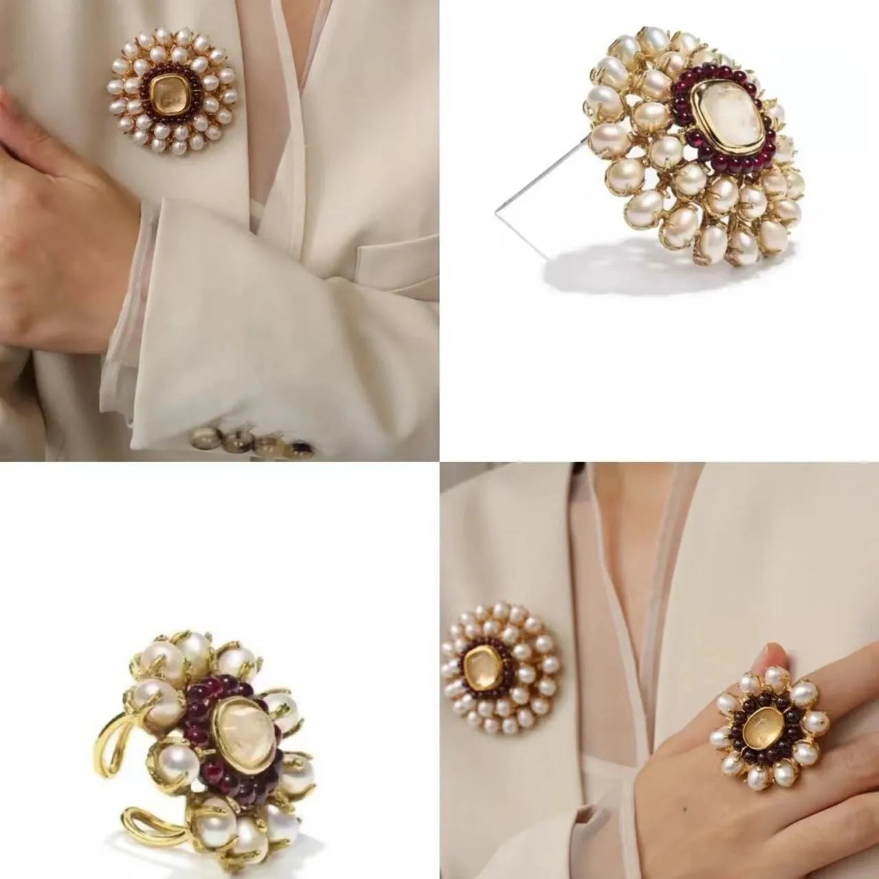 Vintage Natural Baroque Pearl Open Rings Crystal Stone Brass Metal Ring for Women Jewelry Luxury High Quality New Gifts France