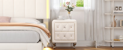 Elegant PU bedside table with 2 drawers and crystal handles, storage with metal legs - white