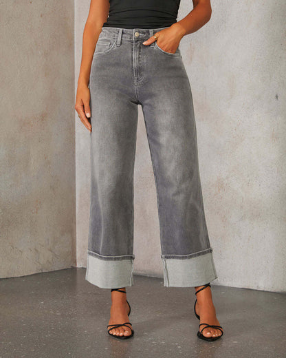 Straight leg jeans women's retro rolled edge high waisted pants