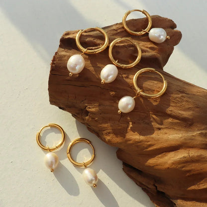Retro earrings freshwater pearl ring earrings titanium steel 18K plated with real gold jewelry