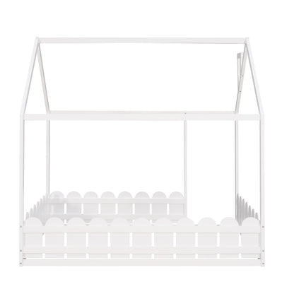 (Slats are not included) Full Size Wood Bed House Bed Frame with Fence for Kids Teens Girls Boys (White )