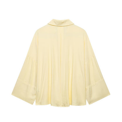 Style Women's Fashion Casual Loose Shirt with Long Wide Sleeves and Turn-Down Collar