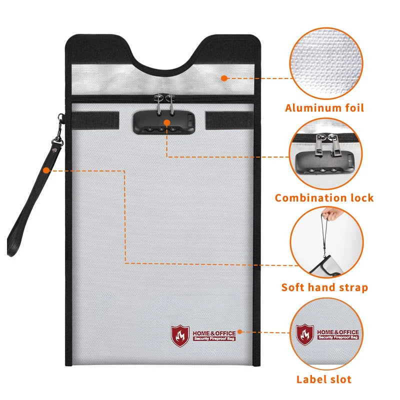 1pc Fireproof Waterproof Document Bag With Zipper Combination Lock Phones Laptops Anti-Theft Emf Protection Portable Faraday Bag
