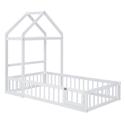 Wooden Twin Size Children's Bed with Detachable Headboard and Integrated Clothes Drying Rack, White