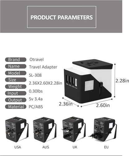 2019 , 3 USB + 1 Typc C International Power Adapter for Europe, UK, China, Australia, Japan and More 200 Countries Black Green