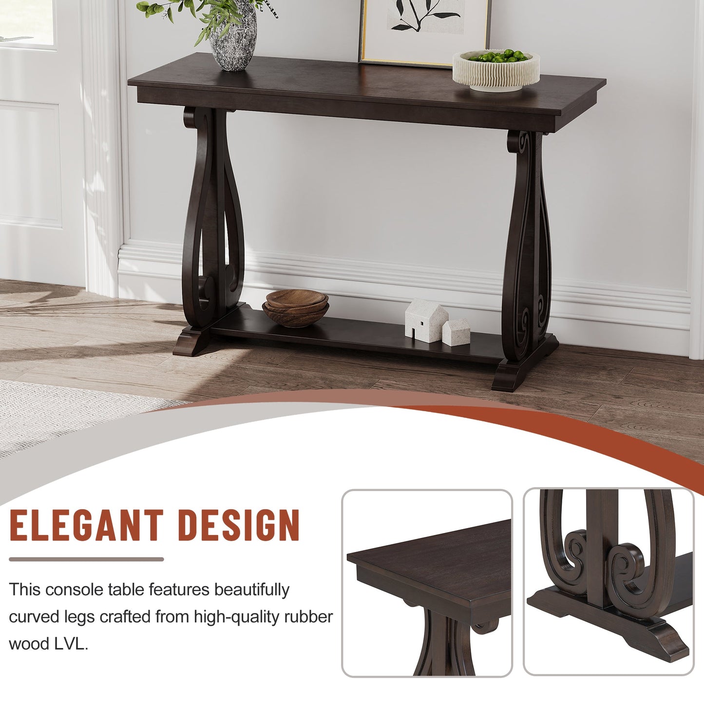 48-Inch Rustic Vintage Console Table --- Farmhouse Style Entryway Table with Open Shelf and Sturdy Construction  (Espresso)