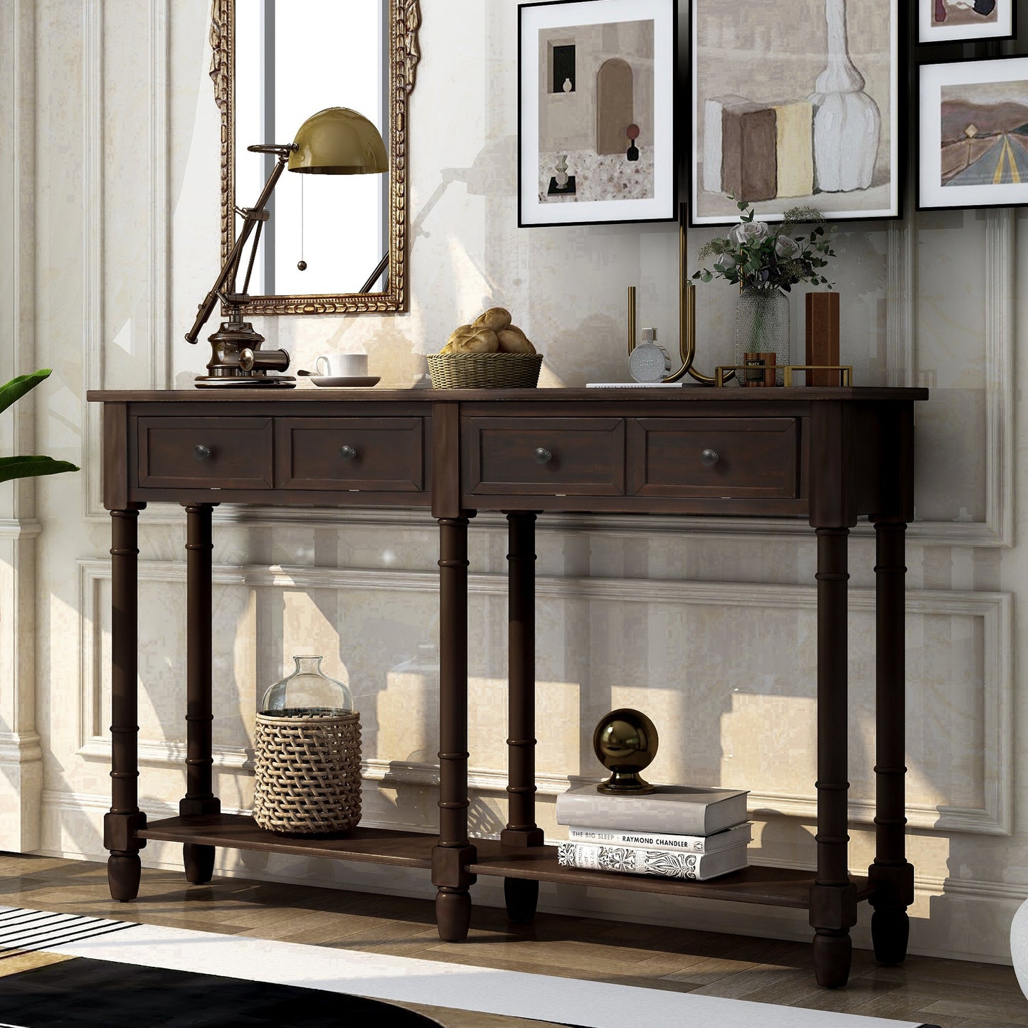 TREXM Console Table Sofa Table Easy Assembly with Two Storage Drawers and Bottom Shelf for Living Room Entryway (Espresso)