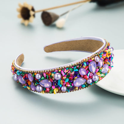 Personalized Design Colorful Turquoise Diamond Inlaid Wide Edge Fabric Candy Colored Headband Temperament Headwear
