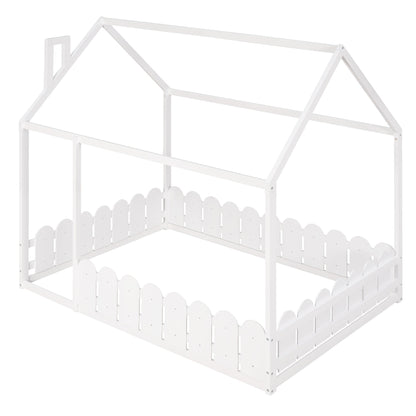 (Slats are not included) Full Size Wood Bed House Bed Frame with Fence for Kids Teens Girls Boys (White )