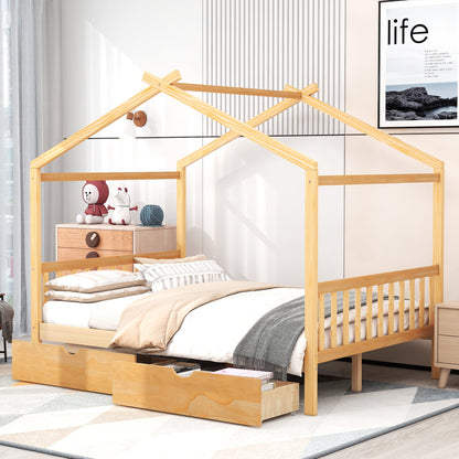 Full Size House Platform Bed with Two Drawers,Headboard and Footboard Roof Design Natural