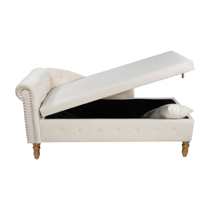 Beige Chaise Lounge Indoor Velvet Lounge Chair for Bedroom with Storage & Pillow Modern Upholstered Rolled Arm Chase Lounge