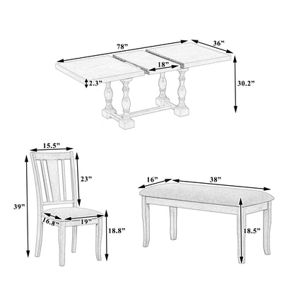 Traditional 6-Piece 78inch Trestle Extendable Dining Table Set with One 18inch Removable Leaf Distressed White