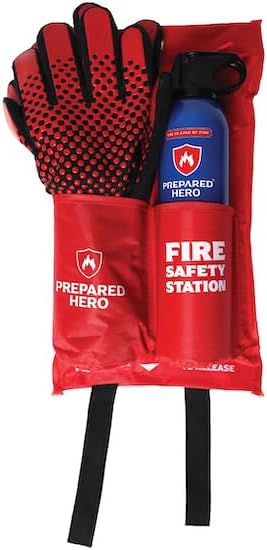 Fire Safety Station by Prepared Hero - Includes The Emergency Fire Blanket, Hero Fire Spray & Heat Resistant Gloves - Fire Extinguisher for Home - Fire Blanket for Home and Kitchen