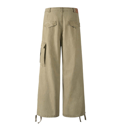 Workwear Straight Leg Long Pants Men's Vibe American Style Pleated Design Irregular Pocket Drawstring Loose Casual Trousers