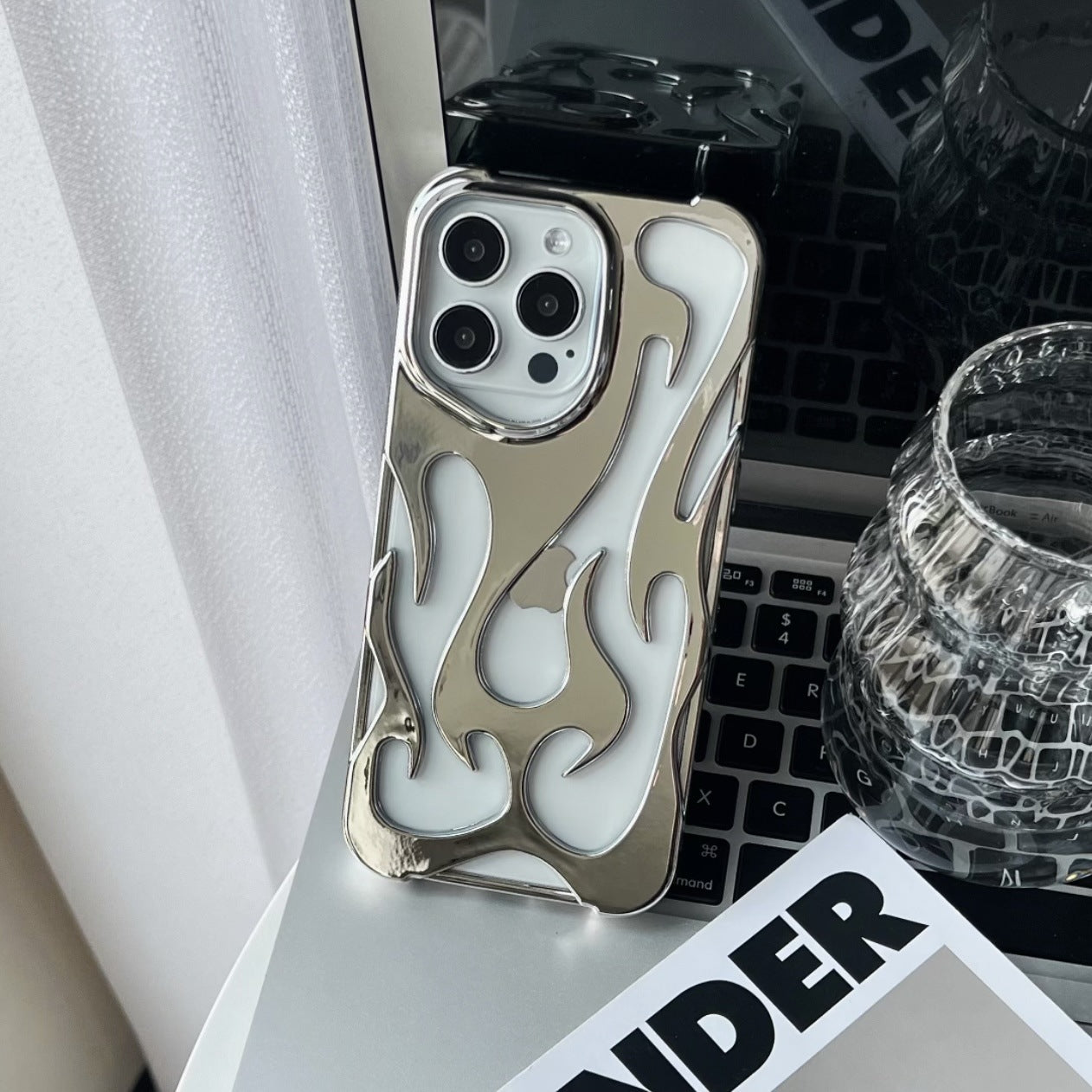 Electroplated hollow flame pattern phone case suitable for iPhone 15 Pro, simple all inclusive, Apple 14 anti drop protective cover